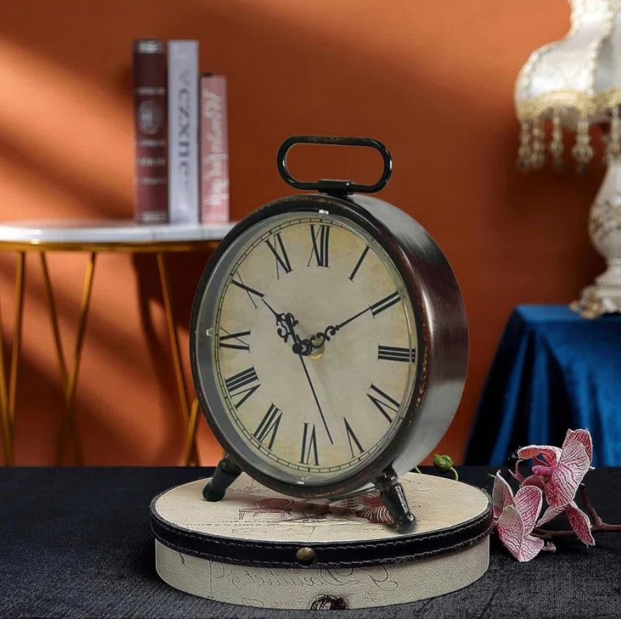 Vintage Desk Clock, 8 Inches Silent Non-Ticking Battery Operated Metal Table Top Clock For Bedroom, Living Room, Office, Shelf Decor (Brown) Alcott Hill® thumbnail 2