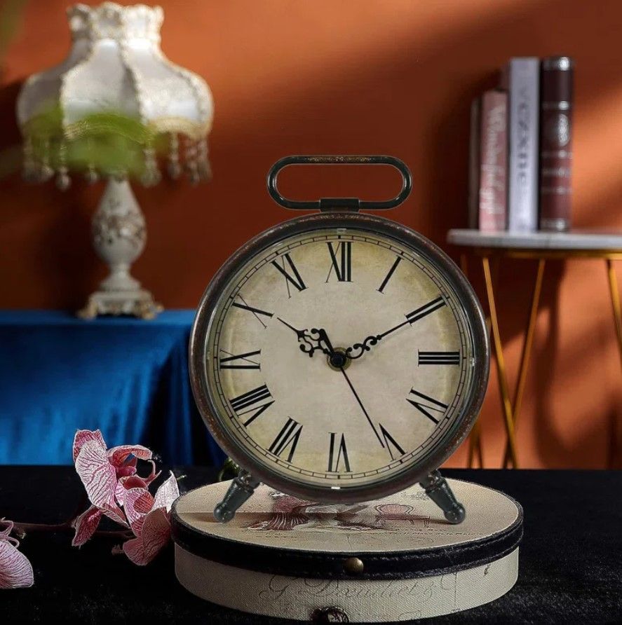 Vintage Desk Clock, 8 Inches Silent Non-Ticking Battery Operated Metal Table Top Clock For Bedroom, Living Room, Office, Shelf Decor (Brown) Alcott Hill® thumbnail 4