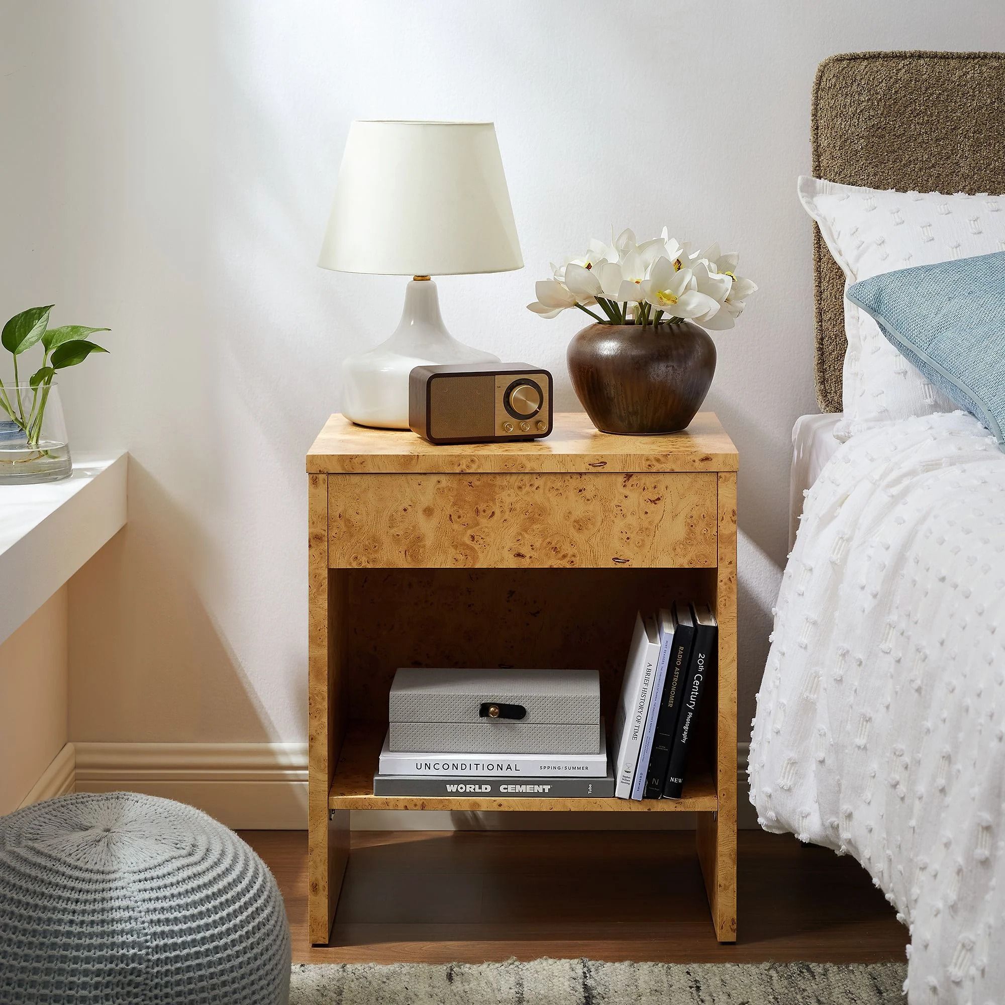 Huxley 1-Drawer Burl Wood Nightstand With Shelf thumbnail 2