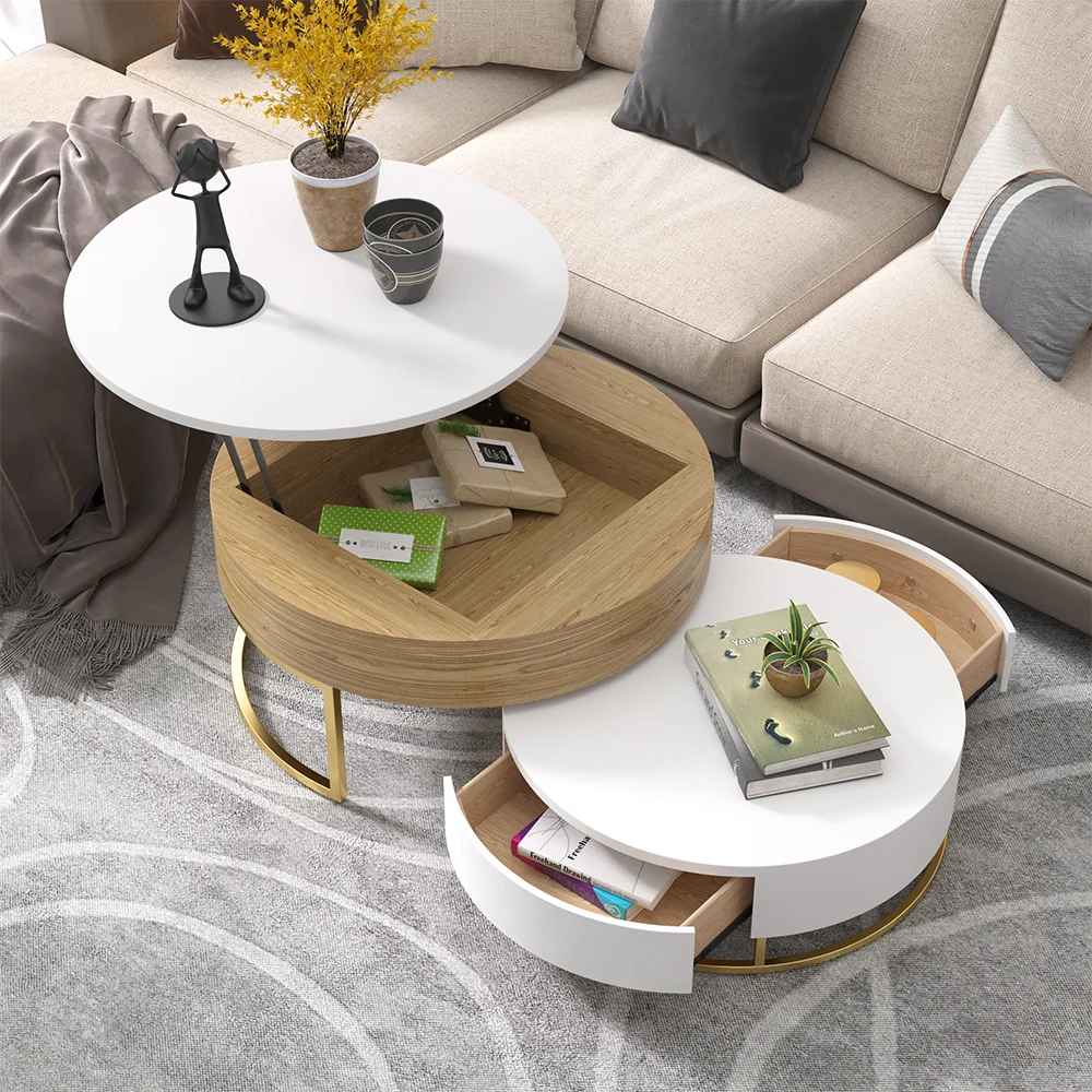 Nesnesis Modern Round Lift-top Nesting Wood Coffee Tables thumbnail 5