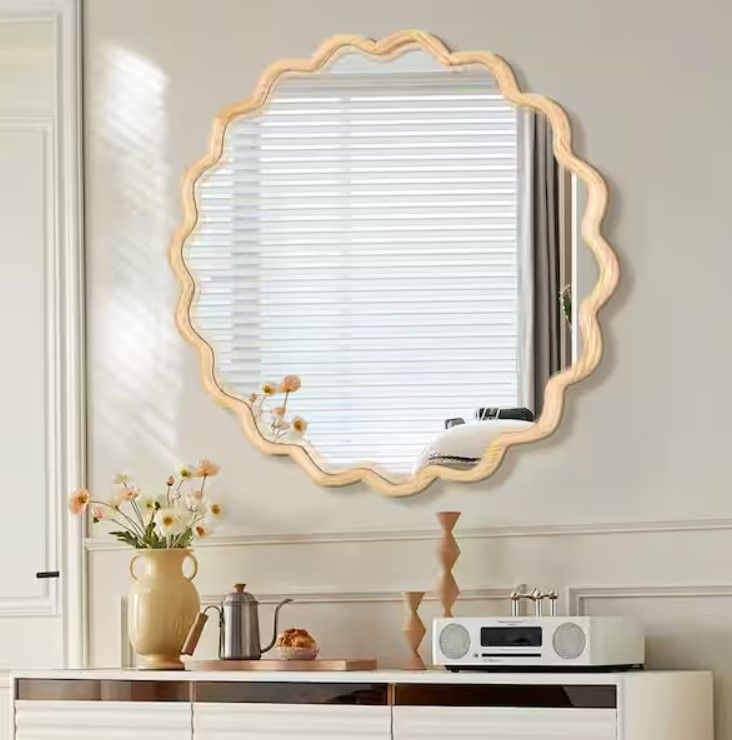 Natural Wavy Round Solid Wood Framed Vanity Mirror thumbnail 2
