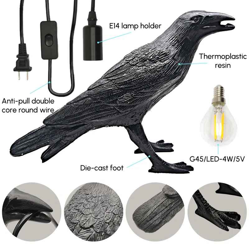 Raven Table Lamp LED Resin Novelty Lamps Pulg in Halloween Decorative Desk Light thumbnail 4