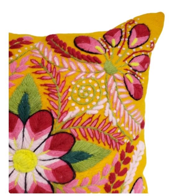 Yellow with red flowers embroidered pillow case thumbnail 2