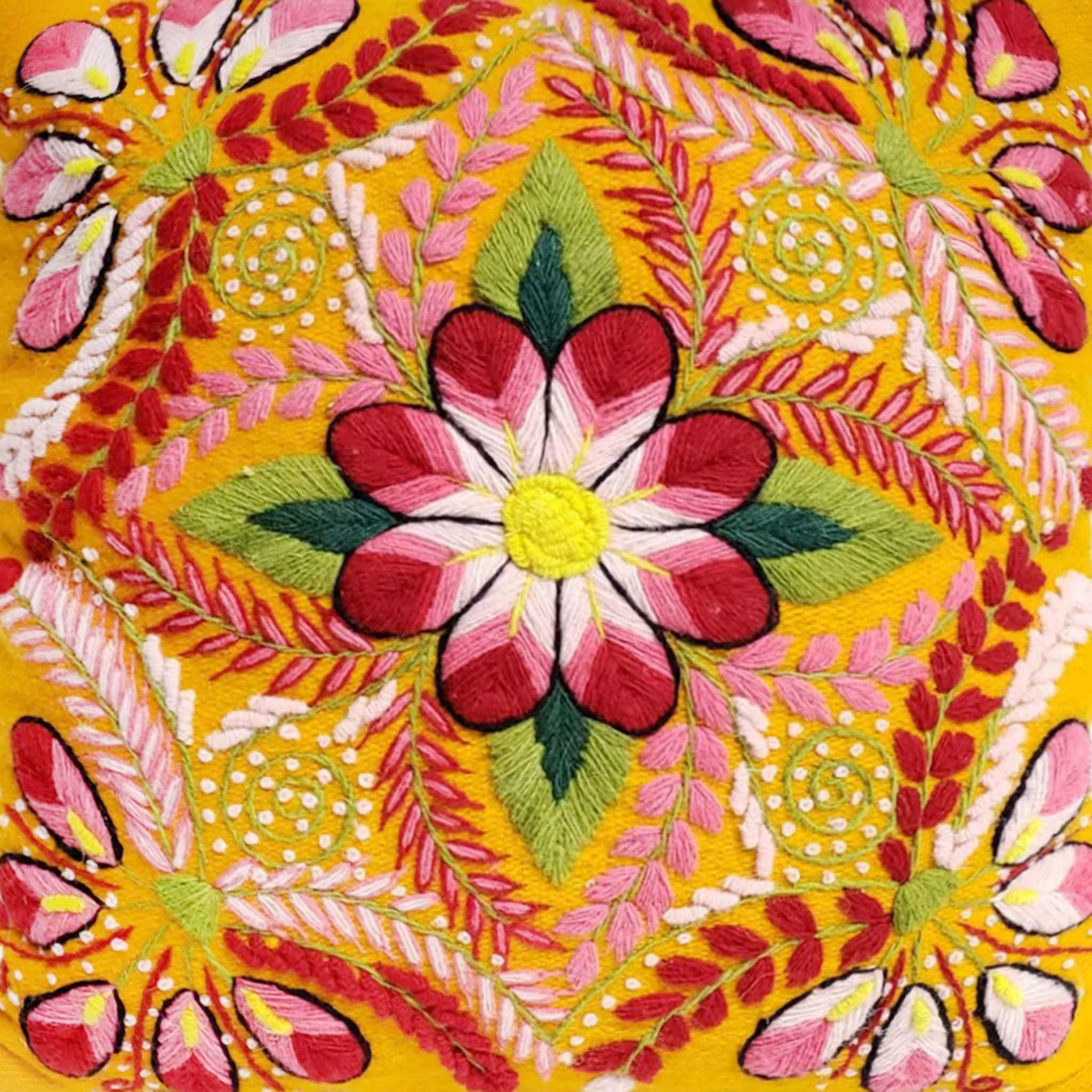 Yellow with red flowers embroidered pillow case thumbnail 3
