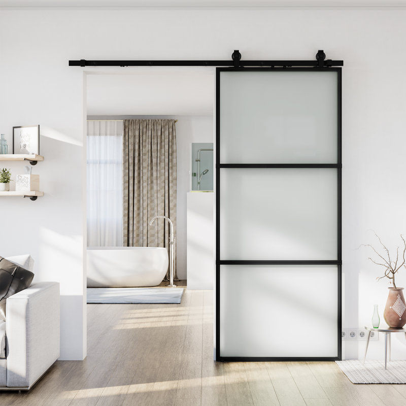 Metal and Glass Sliding Barn Door with Installation Hardware Kit thumbnail 2