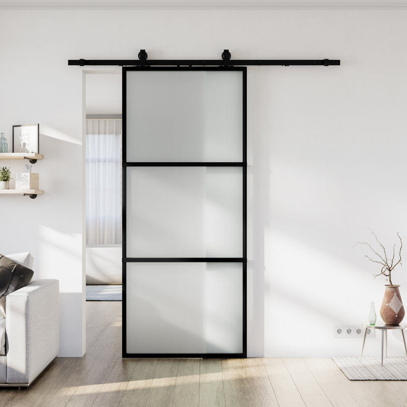 Metal and Glass Sliding Barn Door with Installation Hardware Kit thumbnail 3
