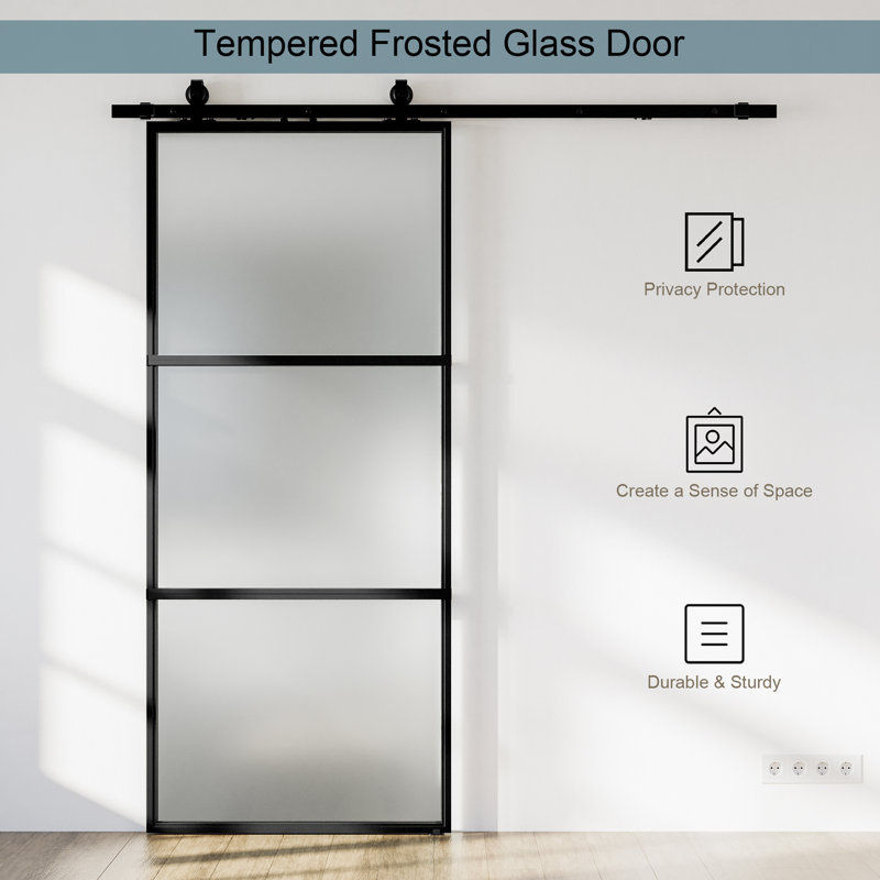 Metal and Glass Sliding Barn Door with Installation Hardware Kit thumbnail 6