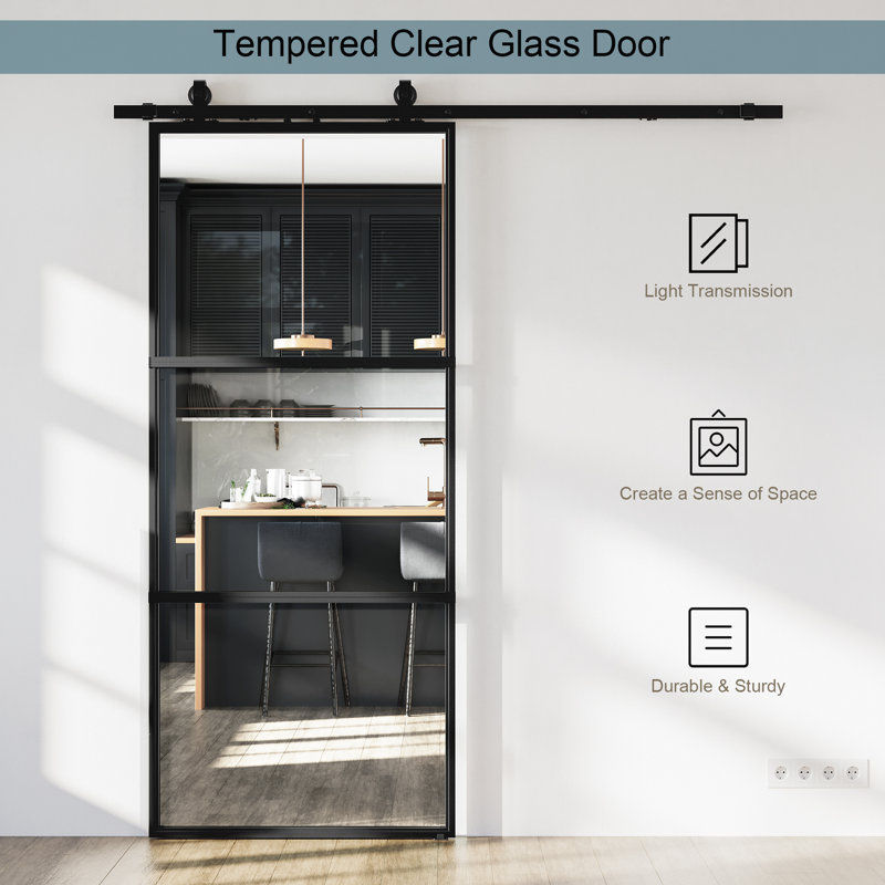 Metal and Glass Sliding Barn Door with Installation Hardware Kit thumbnail 7