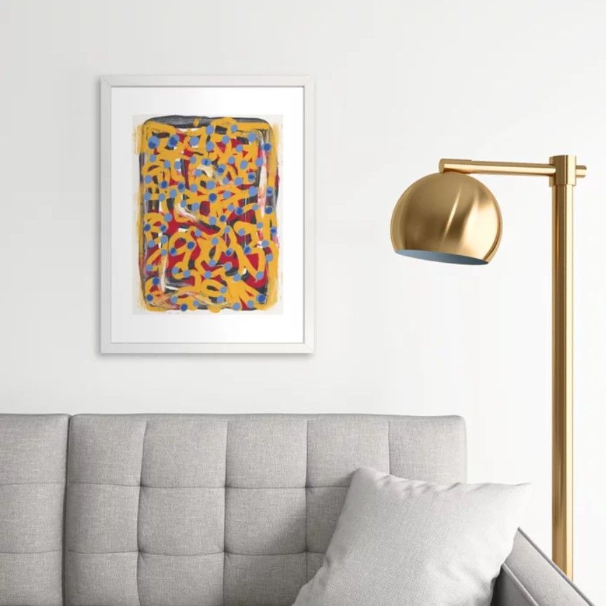Yellow dotted line art abstract blue polka dot Art Print thumbnail 2