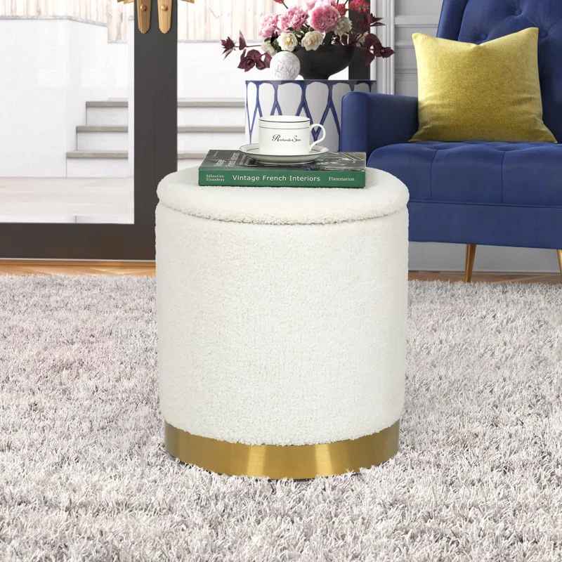 Teddy Fleece Round Ottoman With Stroage thumbnail 3