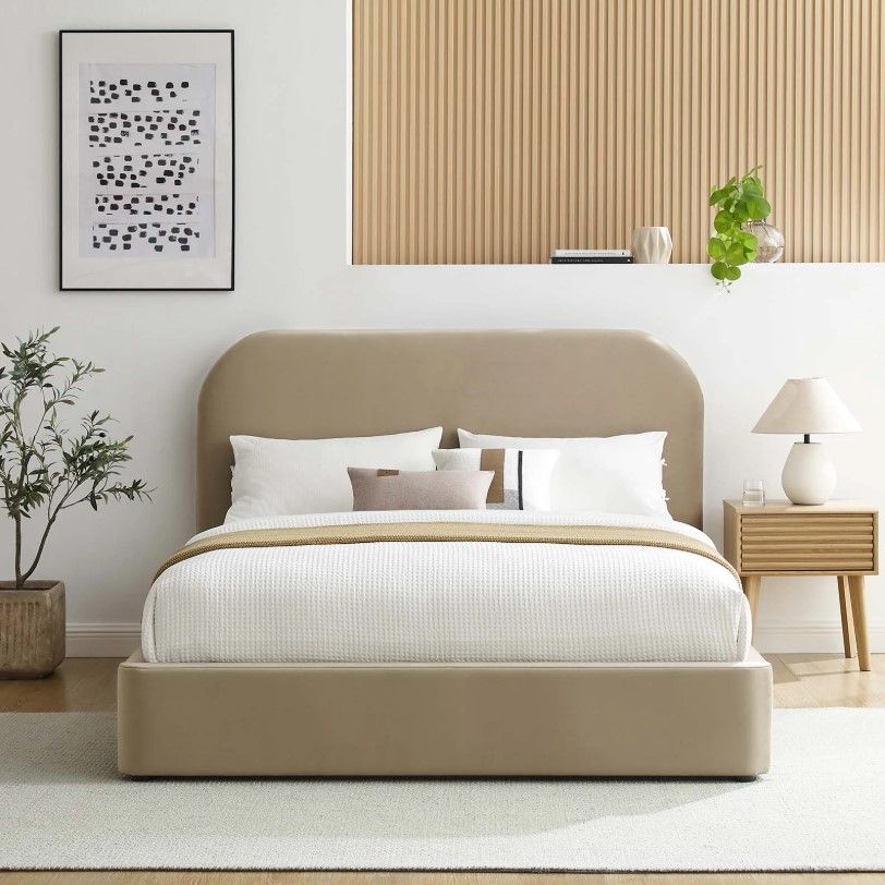Kai Performance Velvet Curved King Platform Bed - Taupe thumbnail 2