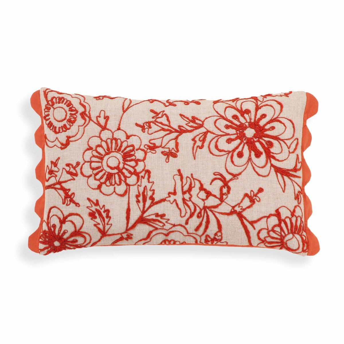 Motif Embroidered Orange Cotton Pillow 20" x 12"
