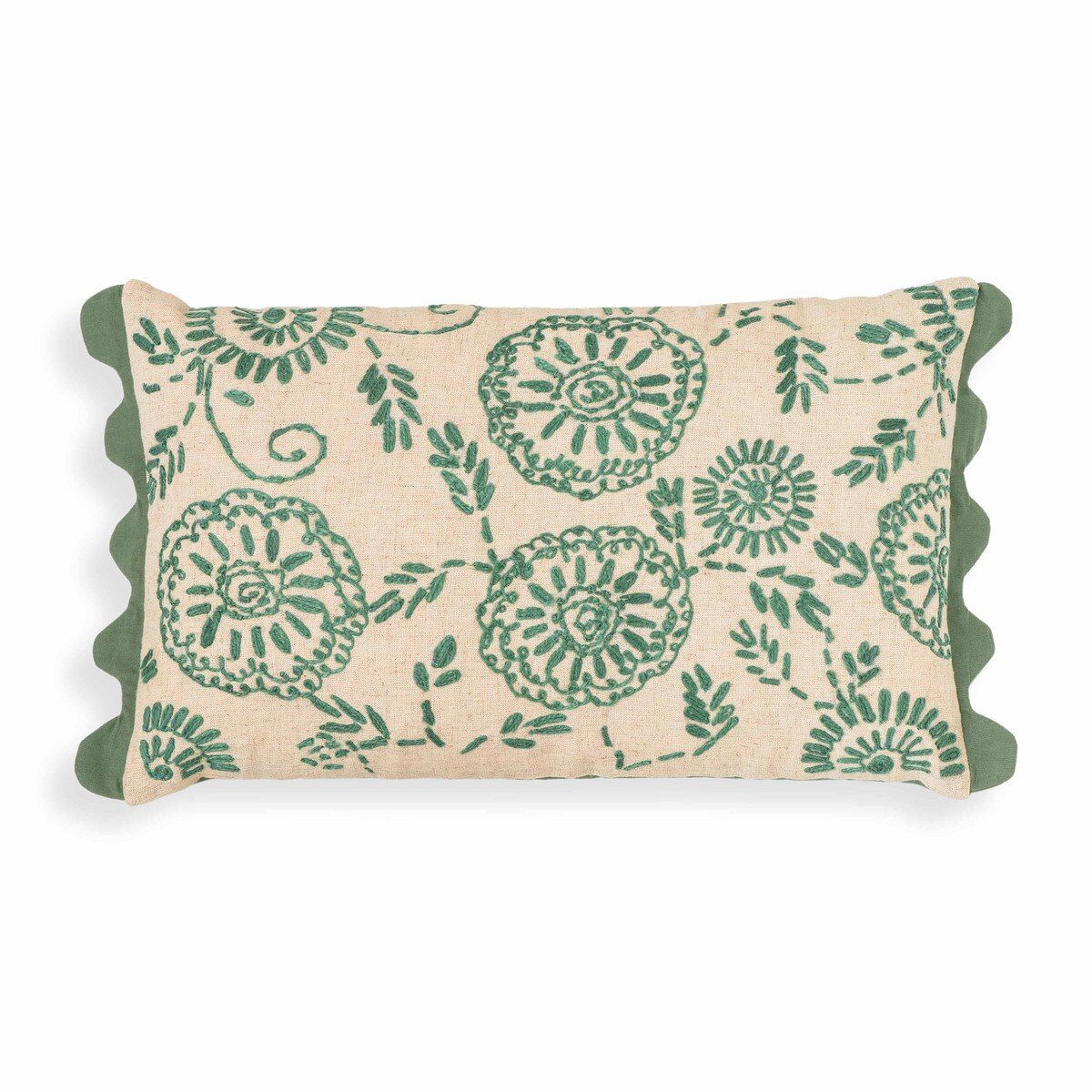 Motif Embroidered Aqua Cotton Pillow 20" x 12"