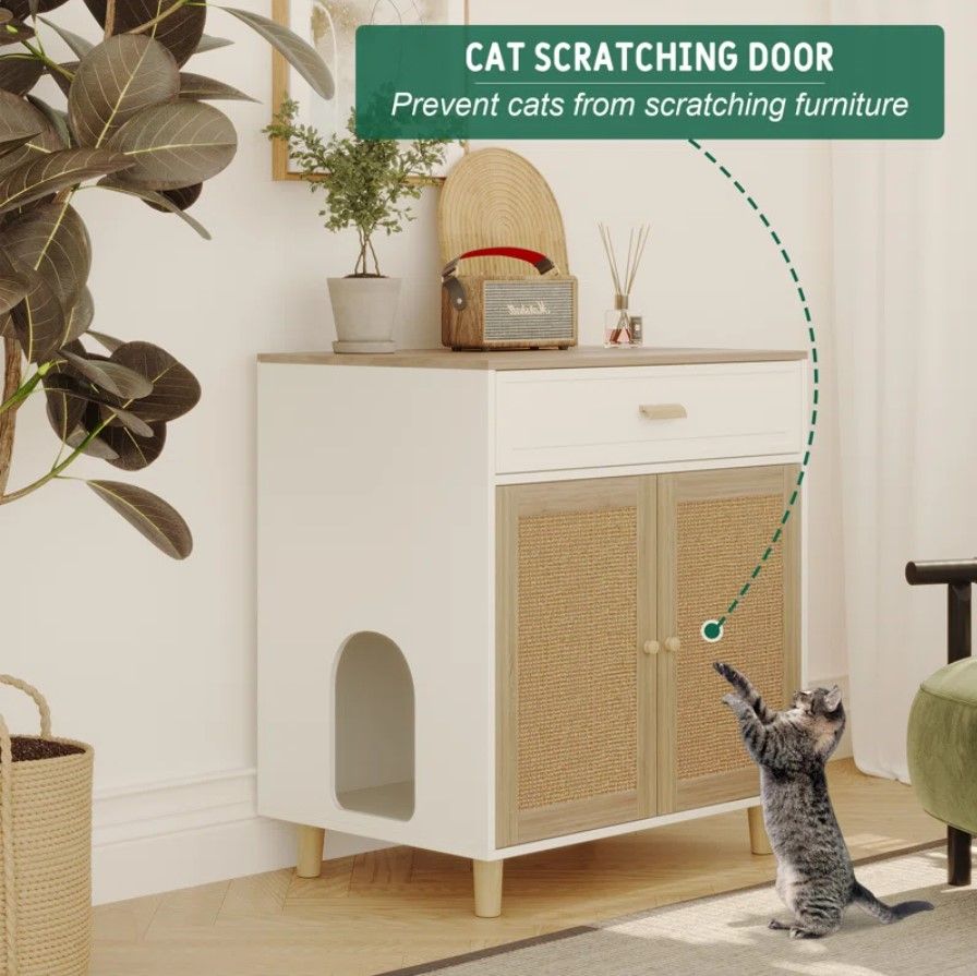 Cat Litter Box Enclosure Wood Cat Crate Furniture With Scratching Pad Doors thumbnail 3