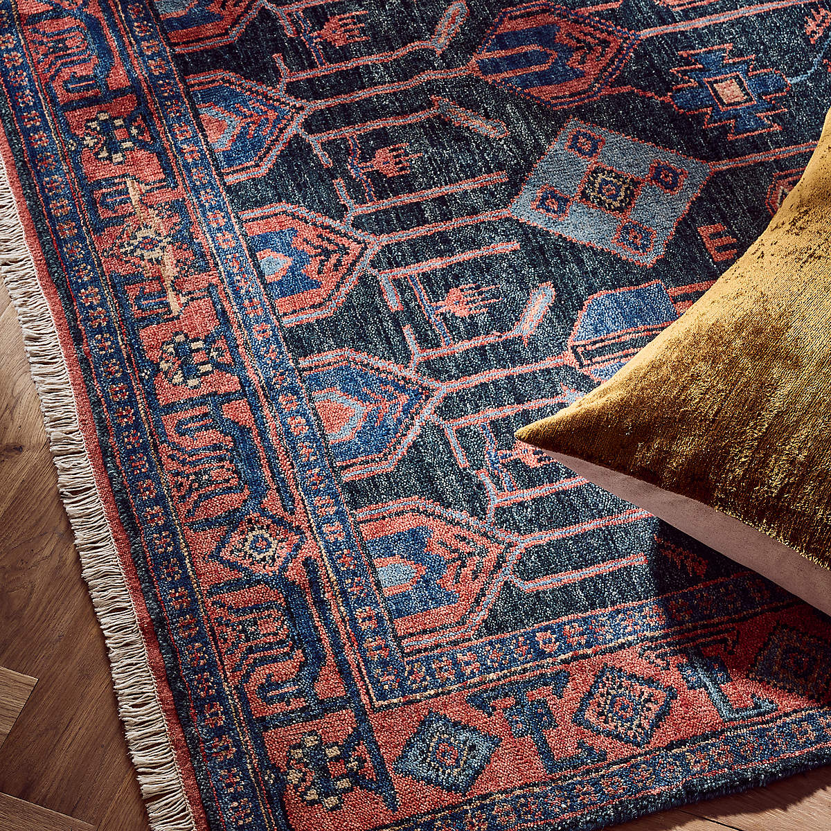Eros Hand Knotted Red and Blue Area Rug 9'x12' thumbnail 3