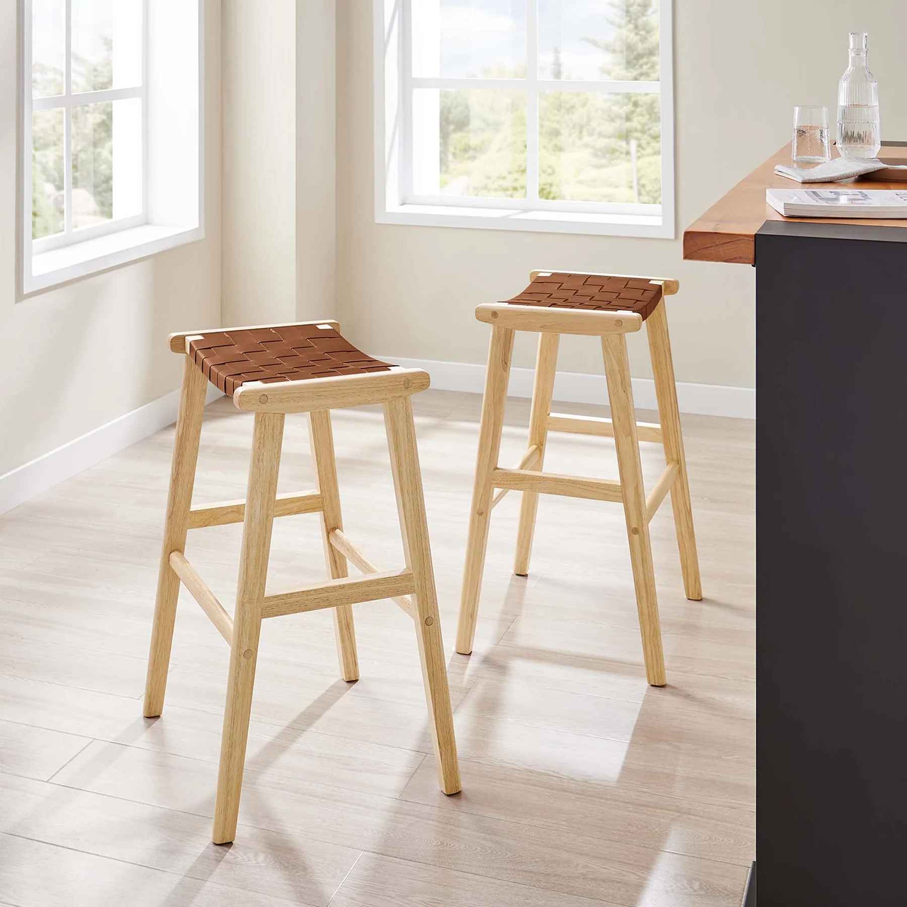 Sylvan Leather Wood Bar Stool Set of 2 thumbnail 2
