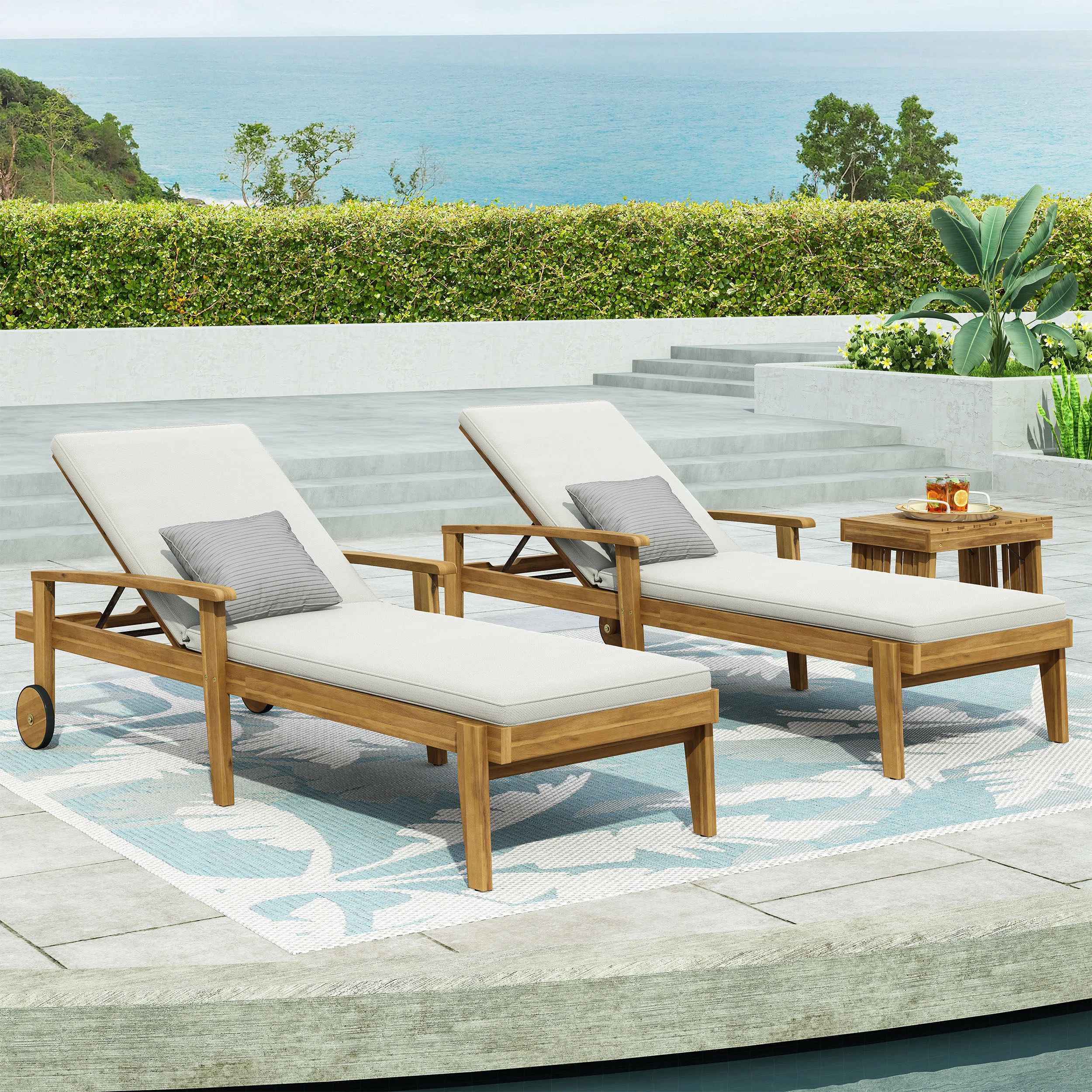 Saeon Outdoor Acacia Chaise Lounge Set thumbnail 2