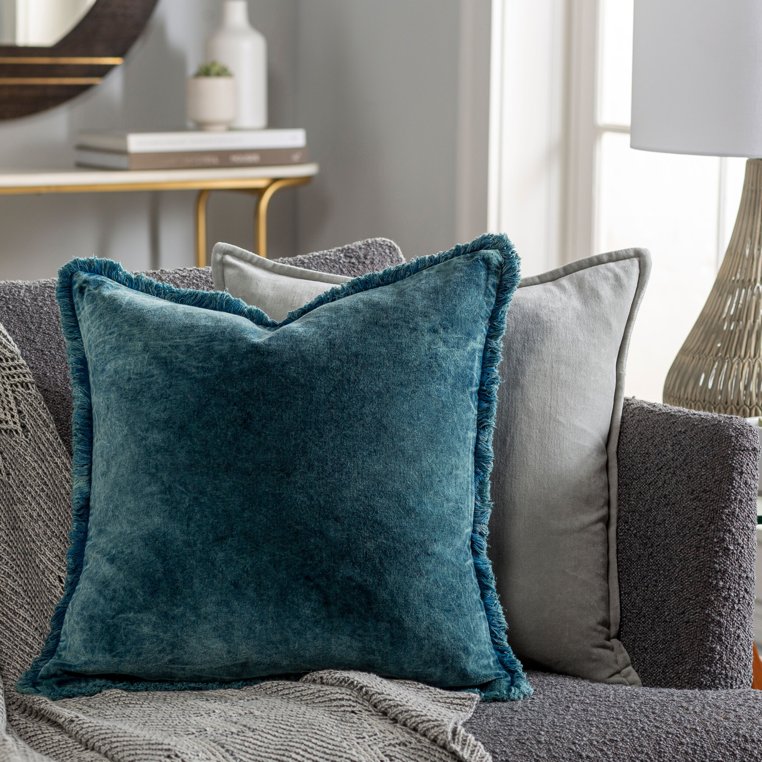 Fringed Cotton Velvet Pillow 20"x20" wiht Poly Insert thumbnail 3