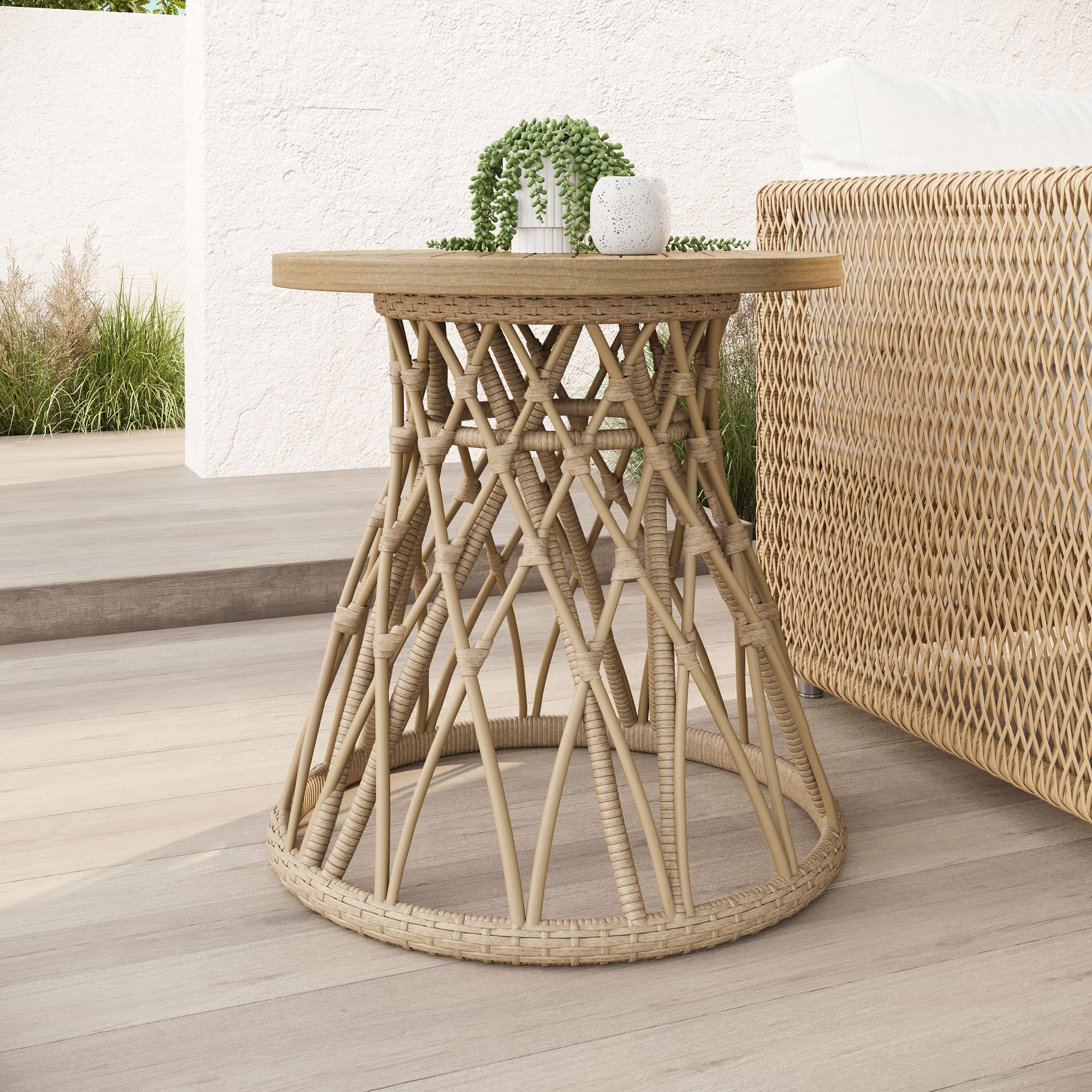 Teak and Wicker Outdoor Side Table thumbnail 2