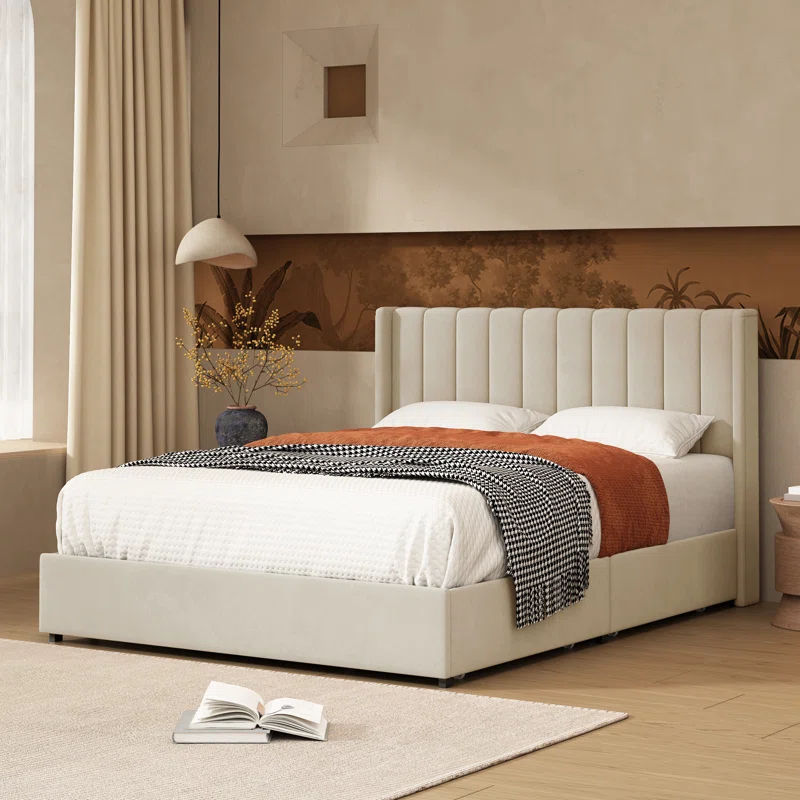 Jeilyn Upholstered Platform Drawer Storage Bed Cream thumbnail 2