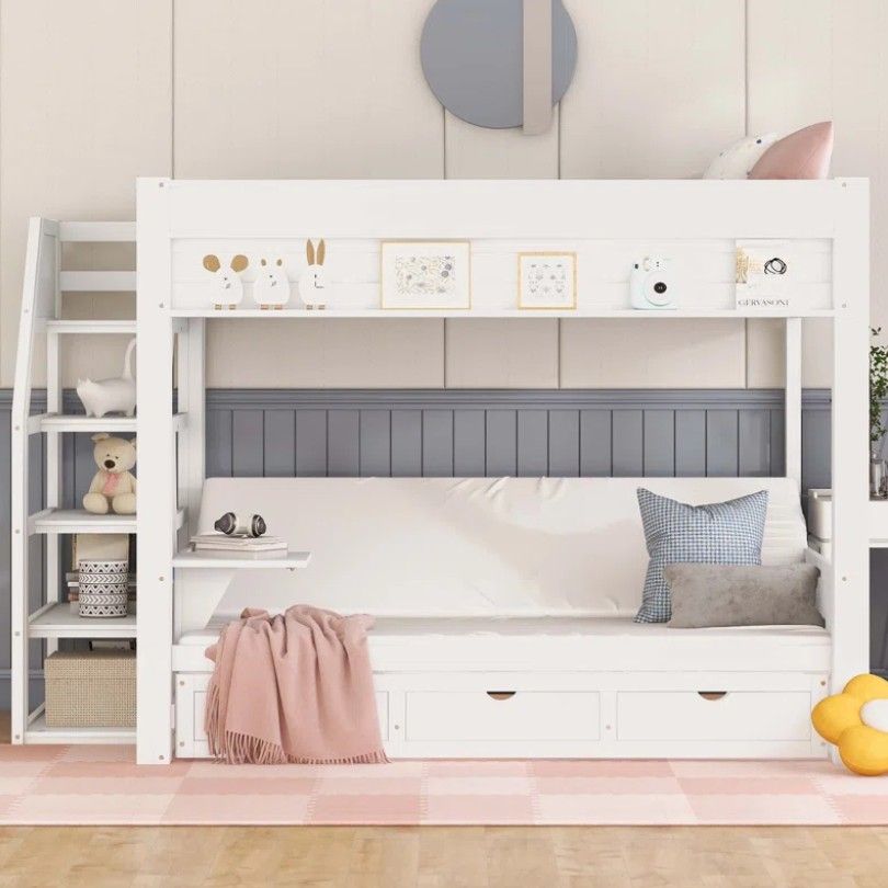 Wood Convertible Bunk Bed With Storage Staircase thumbnail 3