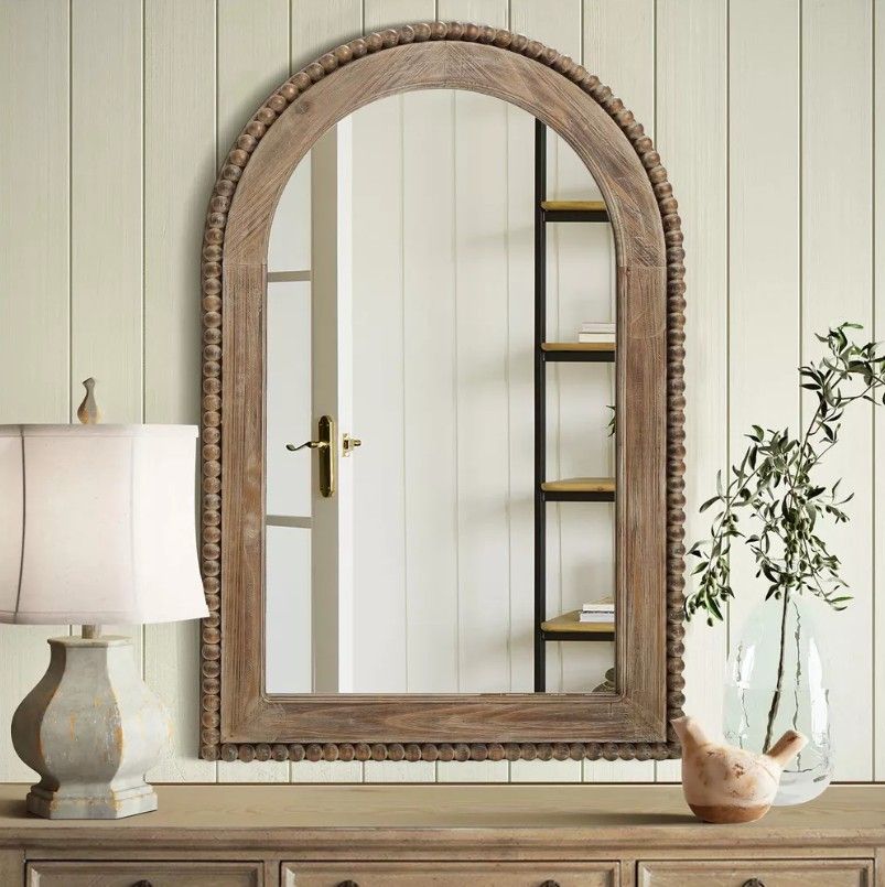 LuxenHome Wood Framed Arch Window Wall Mirror Brown thumbnail 2