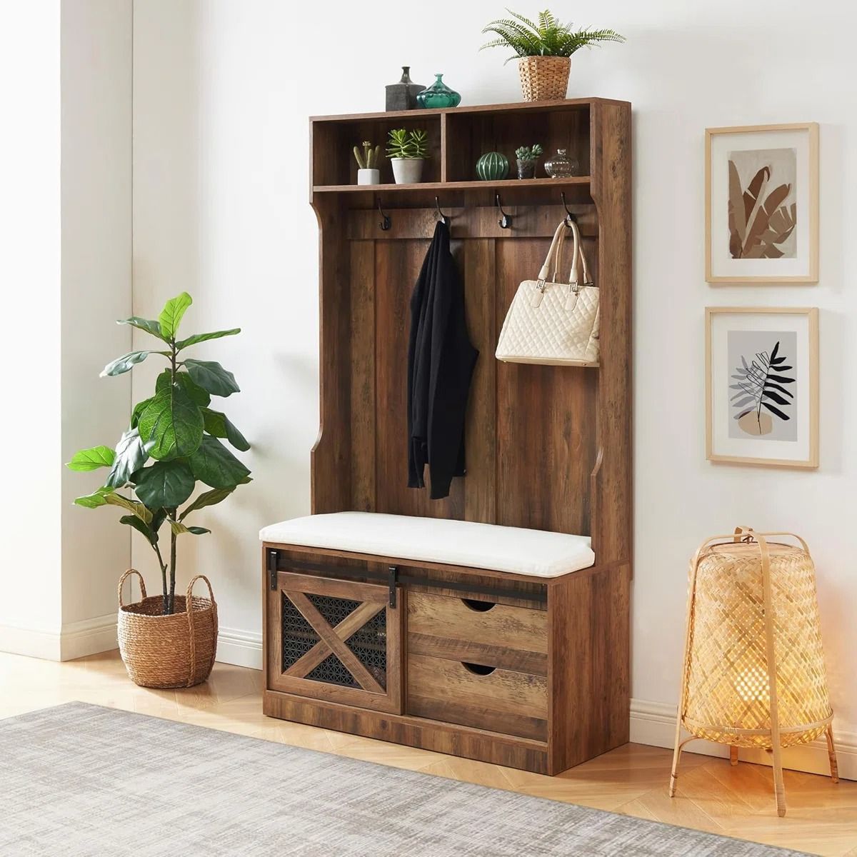 Entryway Hall Tree with Coat Rack and Storage Bench thumbnail 2