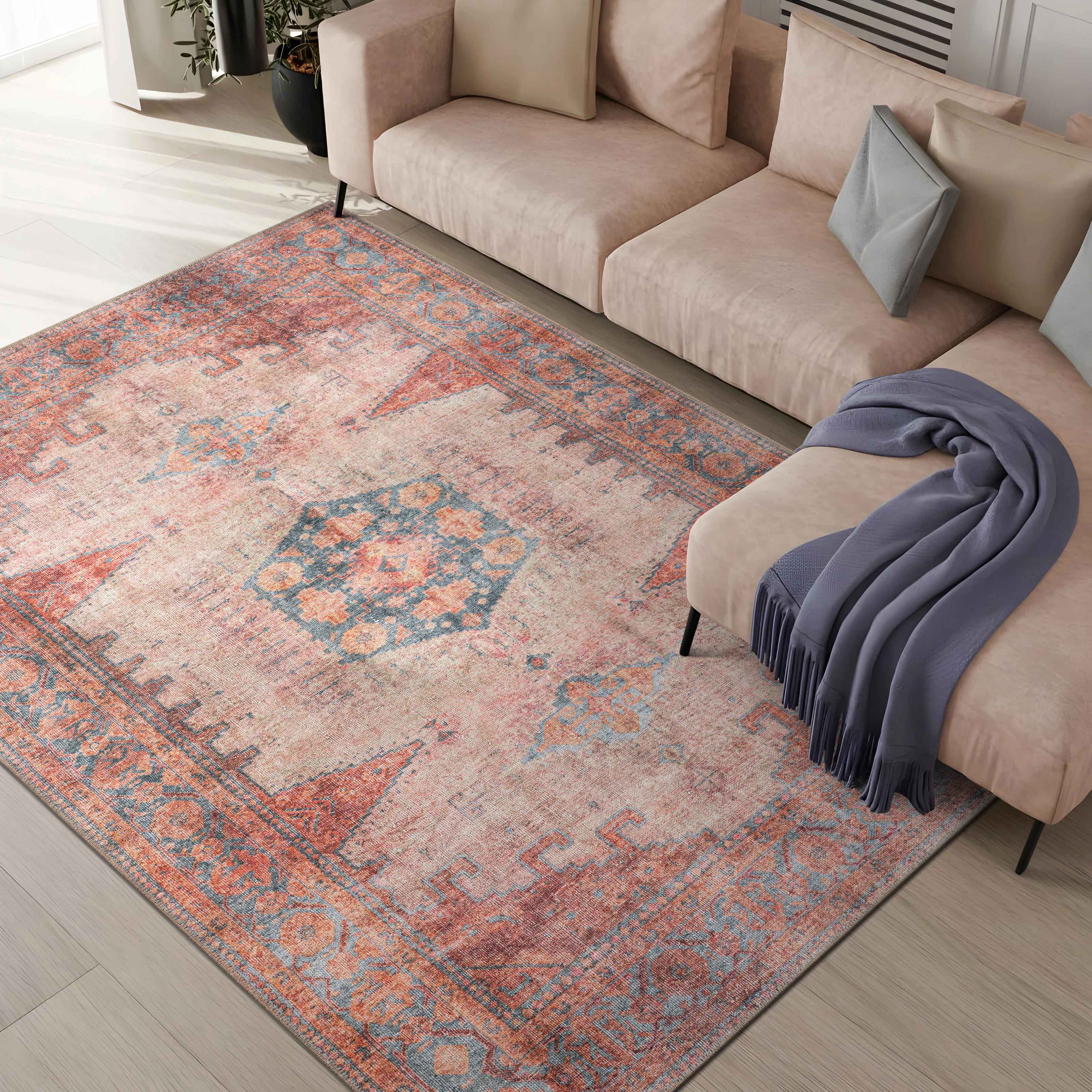 Griffey Vintage Boho Machine Washable RedBlue Non Slip Backing Area Rug-9'x12' thumbnail 3