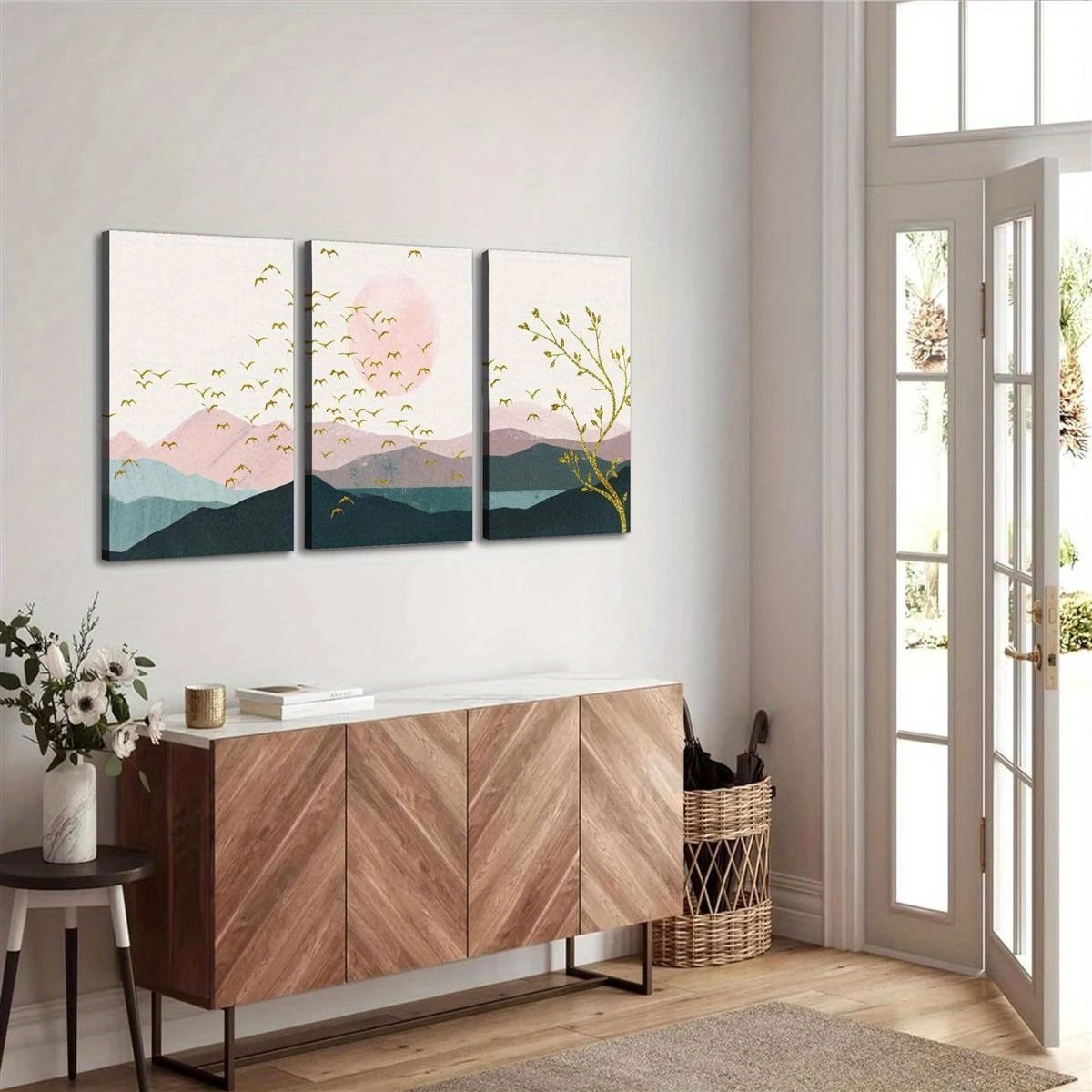 3pcs Framed Pink Green And Gold Wall Art thumbnail 2