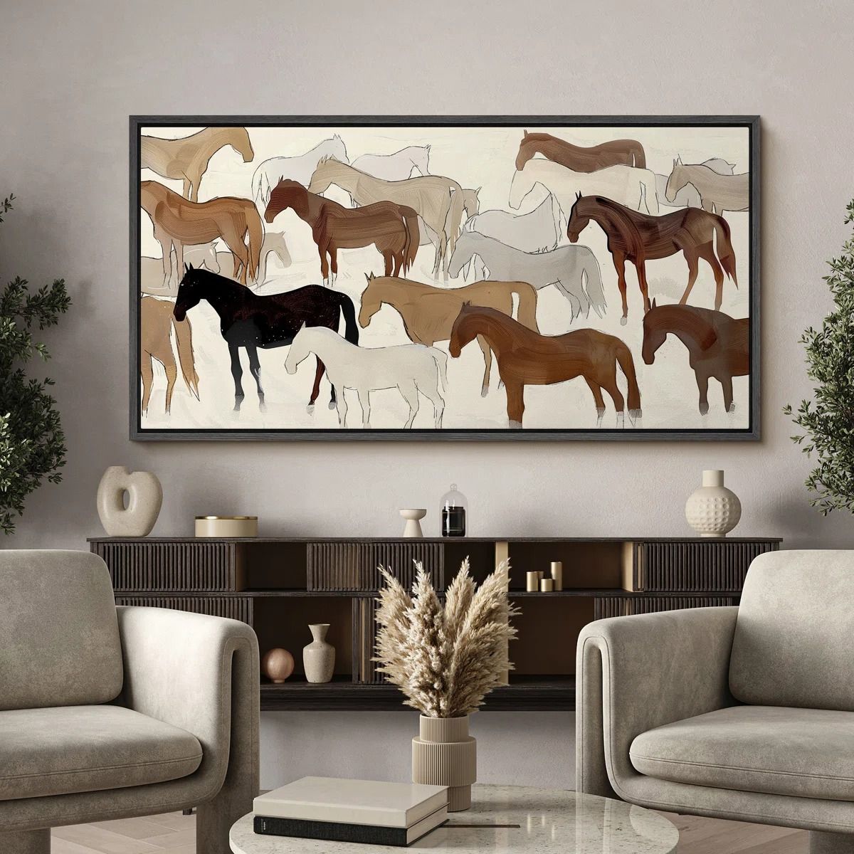 Abstract Illustration of Horses in Neutral Tones Modern Art 60x30 thumbnail 3