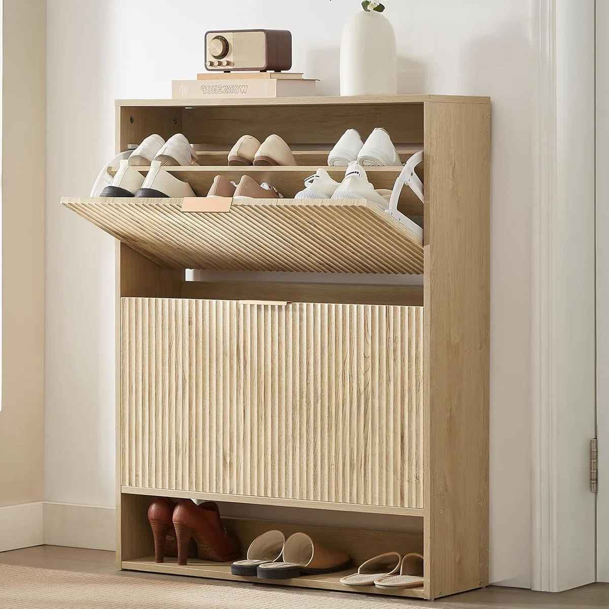 Slim Shoe Cabinet Fluted Hidden Shoe Storage Cabinet thumbnail 4