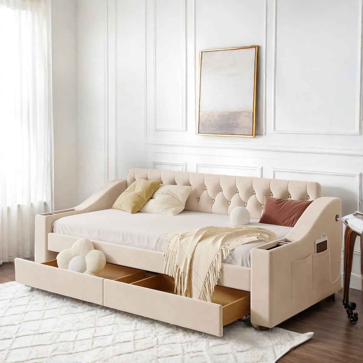 Upholstered Daybed With Storage Armrests thumbnail 2