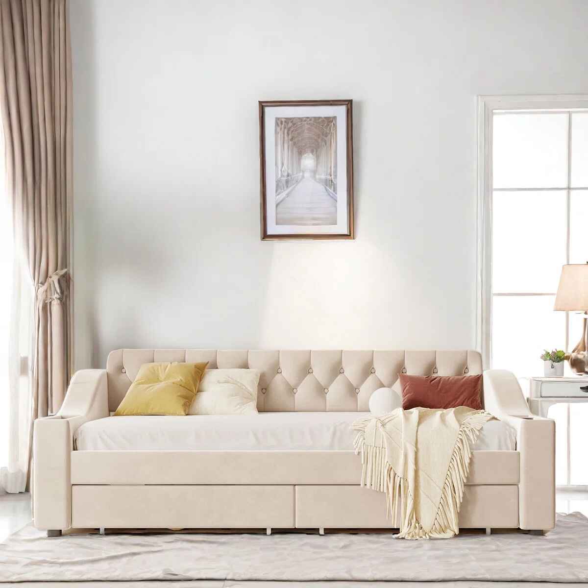 Upholstered Daybed With Storage Armrests thumbnail 3