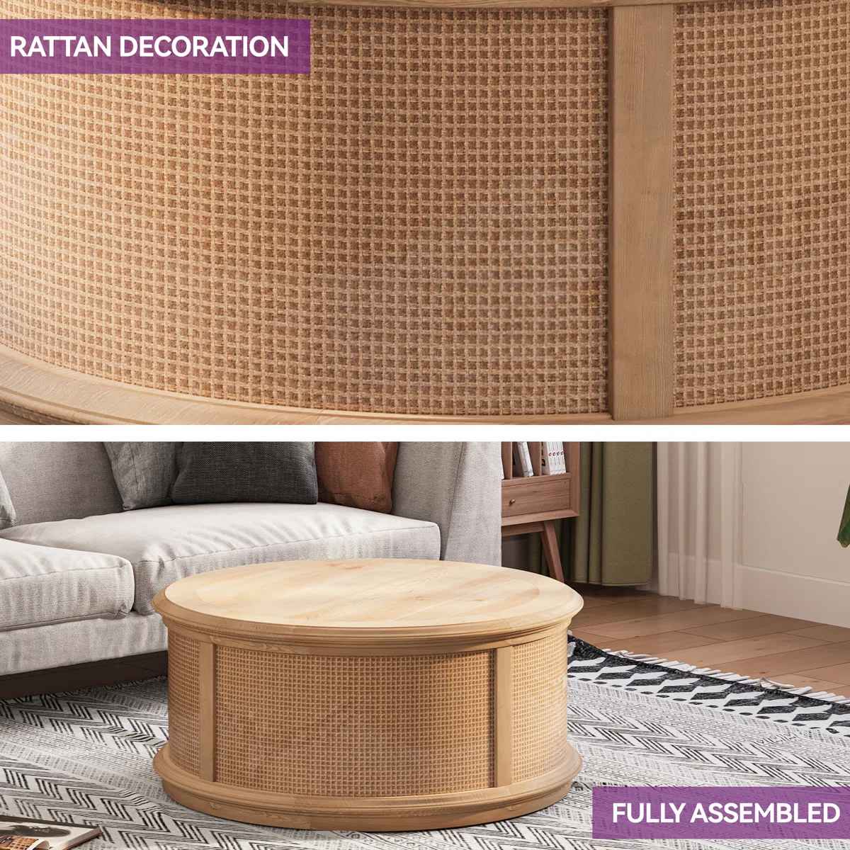 Britnie Round Rattan Drum Lift Top Coffee Table thumbnail 3