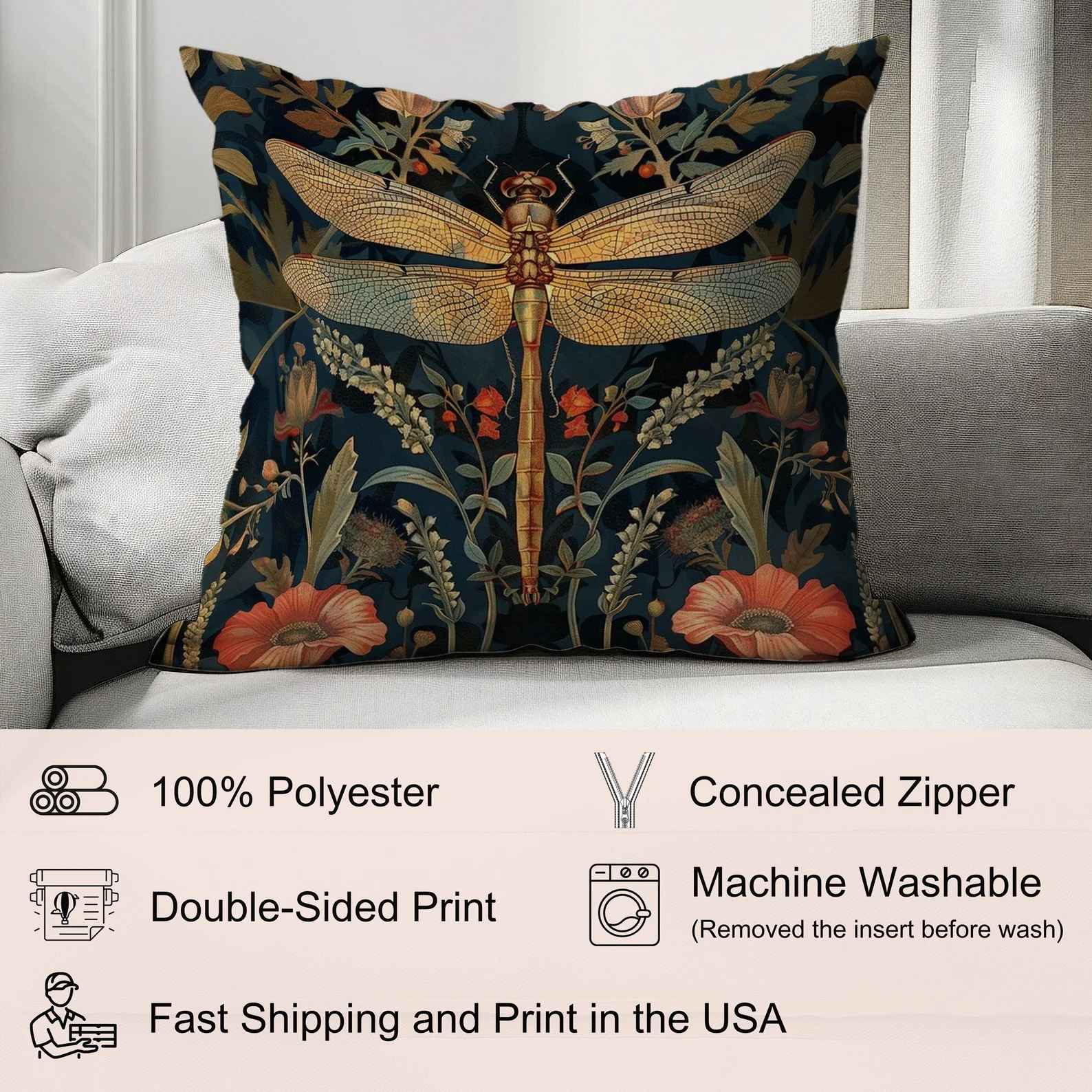 William Morris Dragonfly Art Pillow-20"x20" thumbnail 5