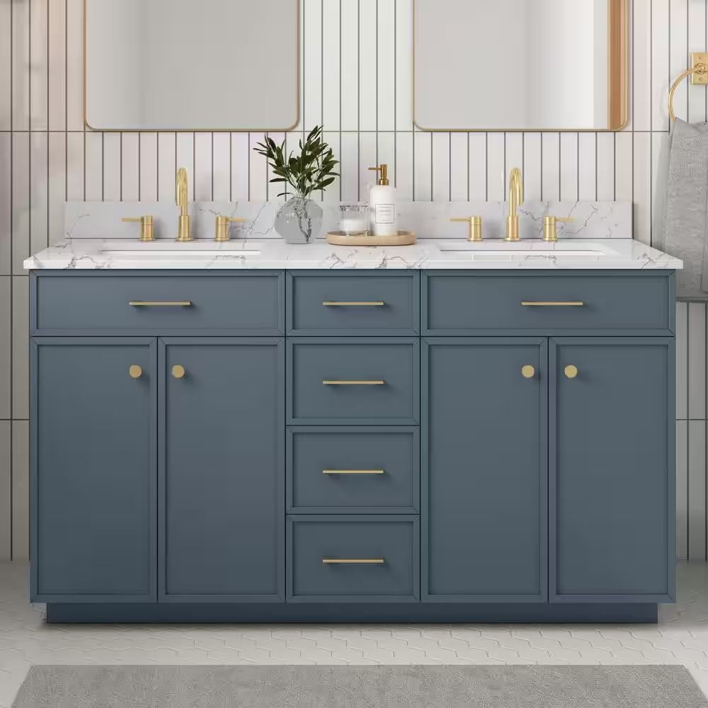 Marcote Double Sink Freestanding Slate Blue Bath Vanity with Venato Engineered Stone Top thumbnail 2