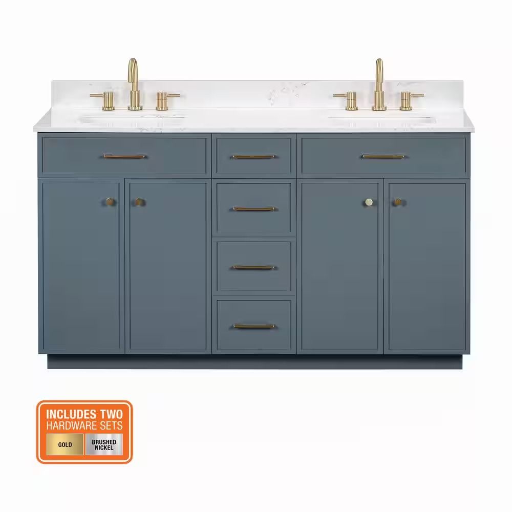 Marcote Double Sink Freestanding Slate Blue Bath Vanity with Venato Engineered Stone Top thumbnail 3