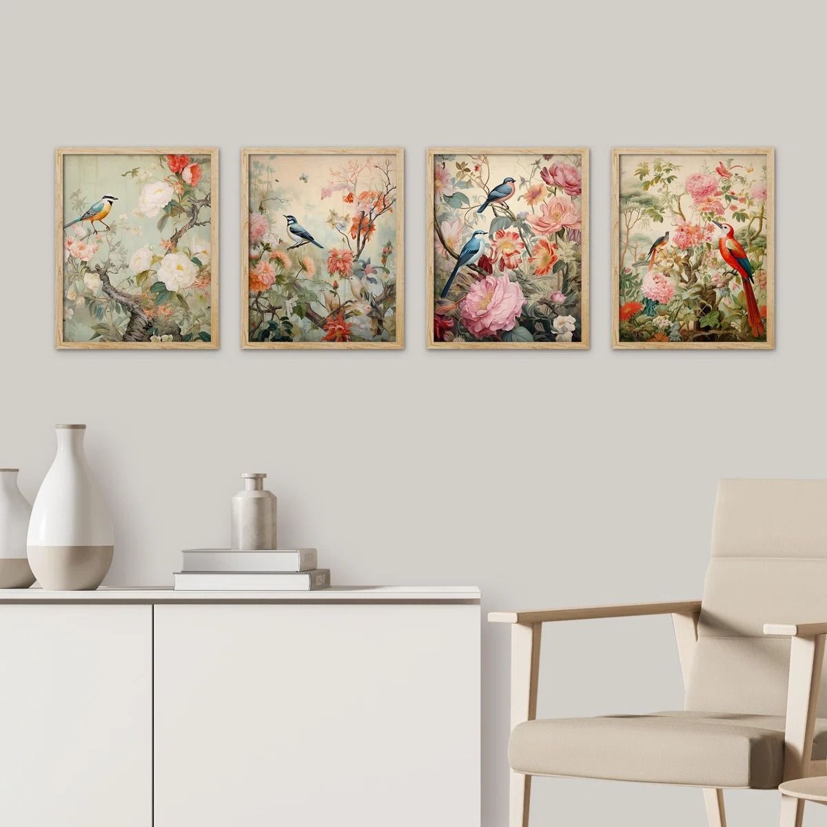 Birds On Flower Framed Wall Art 4 Pieces Paper Print Set of 4 thumbnail 2
