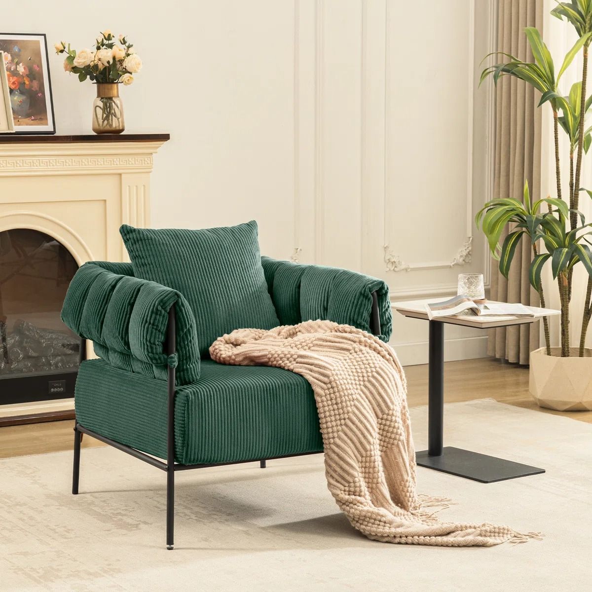 Corduroy Fabric Modern Accent Chair with Pillow thumbnail 2