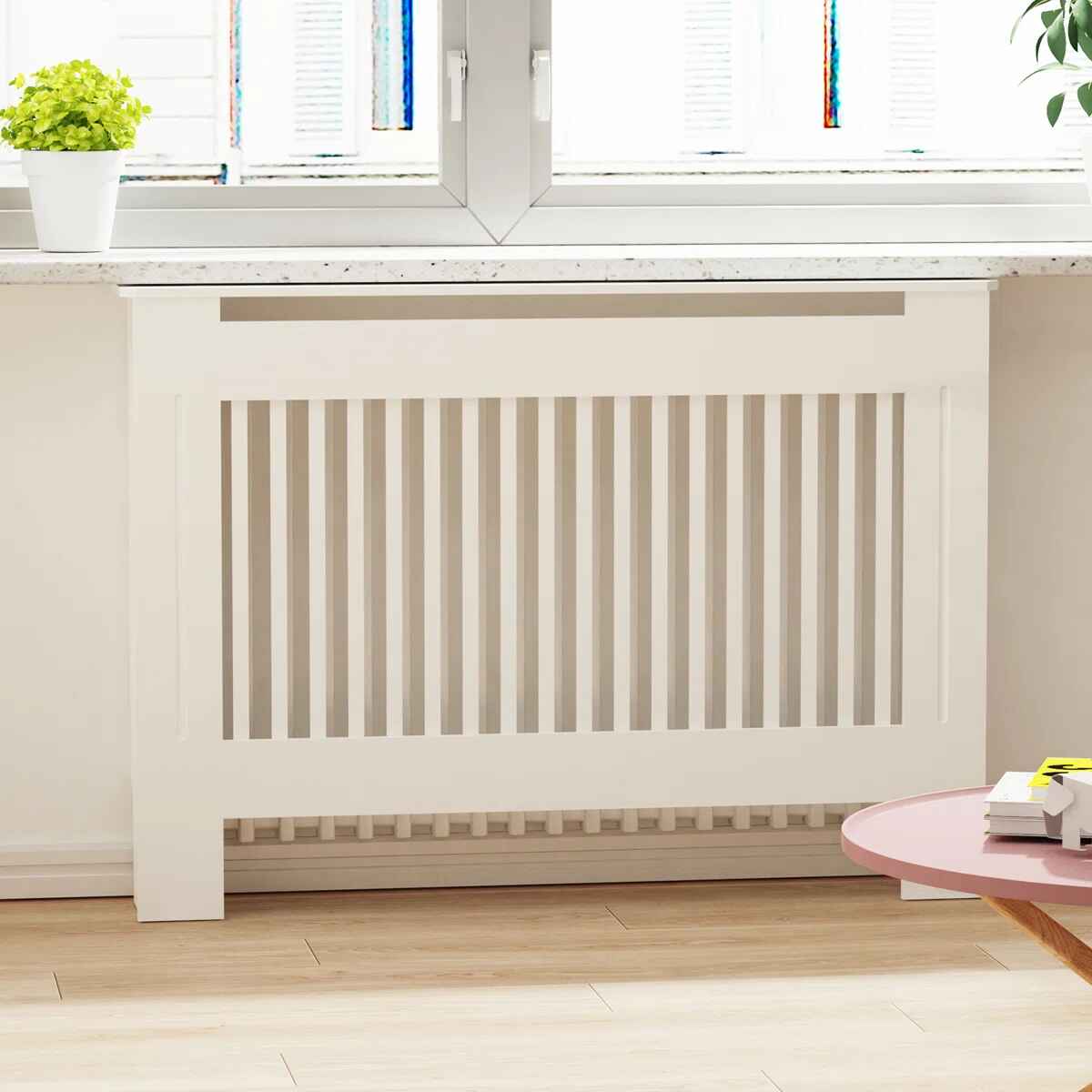 Tall Vertical Slats Radiator Cover Wood Cabinet Modern Radiators Shelf Thicken White thumbnail 2