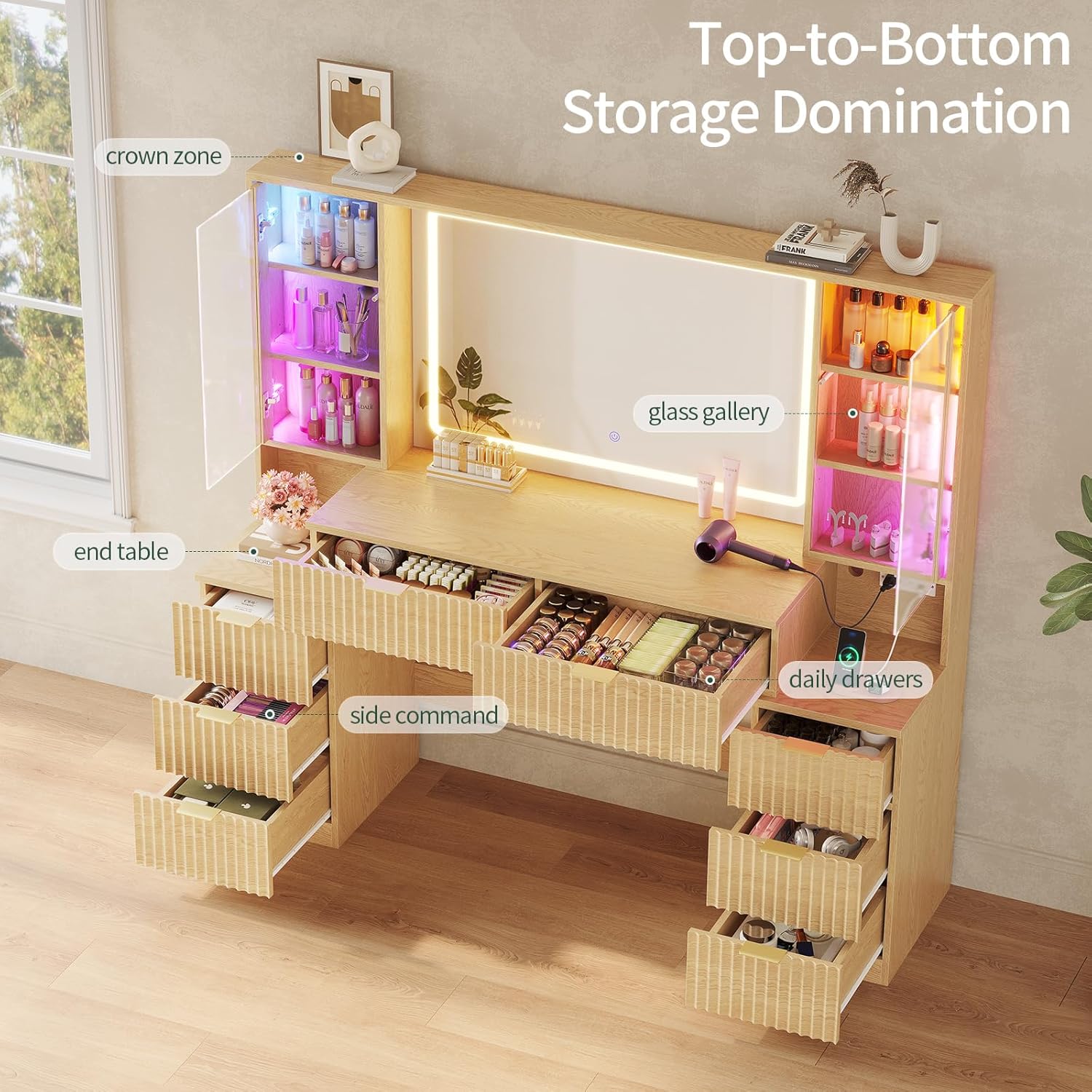 Big Vanity Fluted Wood Makeup Vanity Desk with Mirror thumbnail 2