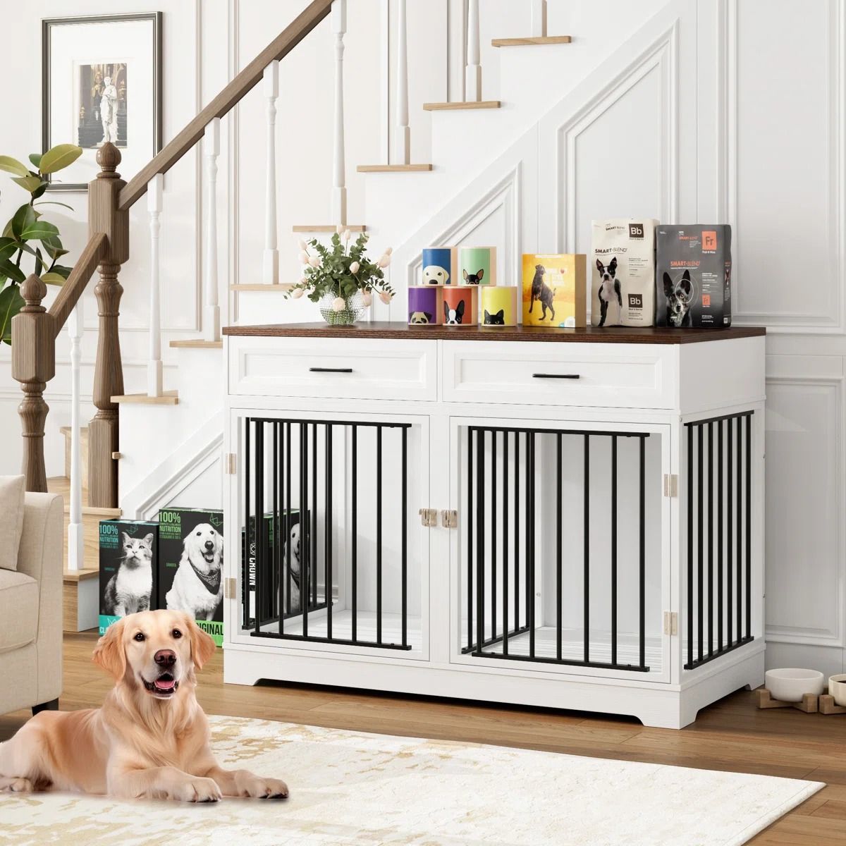 Chesterle Large Dog Crate Furniture Style With 2 Drawers And Divider thumbnail 3
