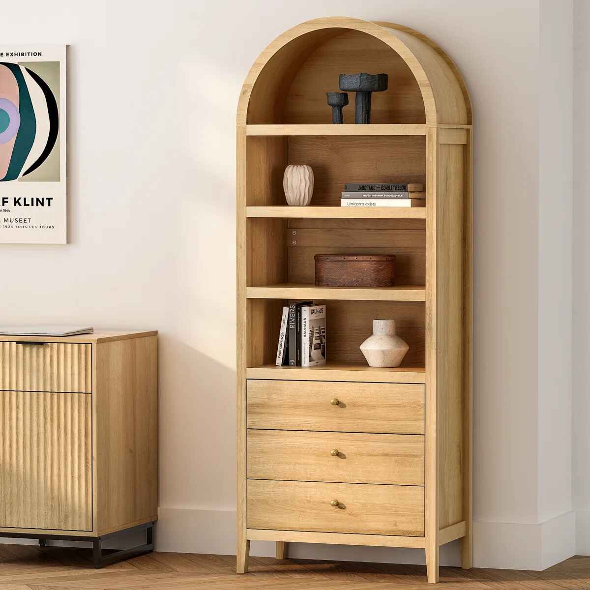 Bookcase Storage Display Cabinet With 3 Drawers And Shelves thumbnail 3
