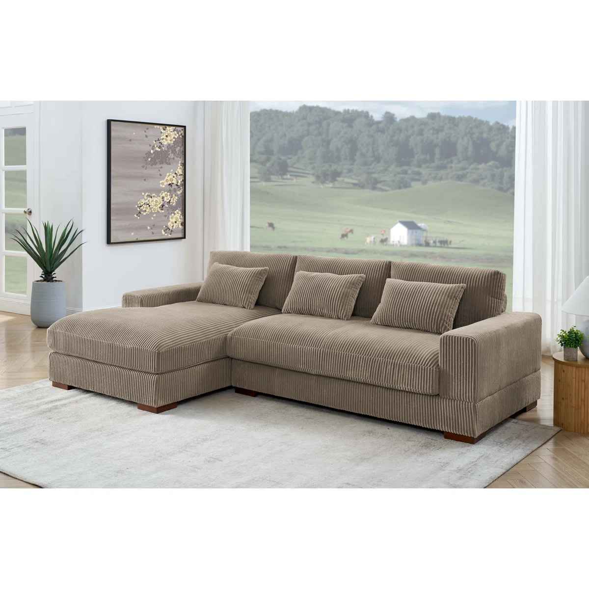 Modern Corduroy Sectional Sofa With Chaise thumbnail 2
