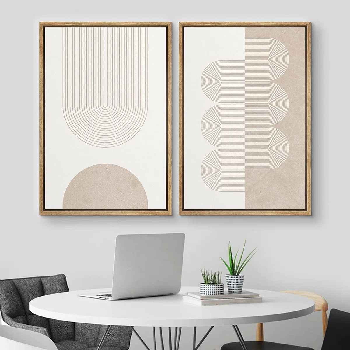 Mid Century Modern Wall Art Pastel Tan White Geometric Wave Ribbons 1 thumbnail 2