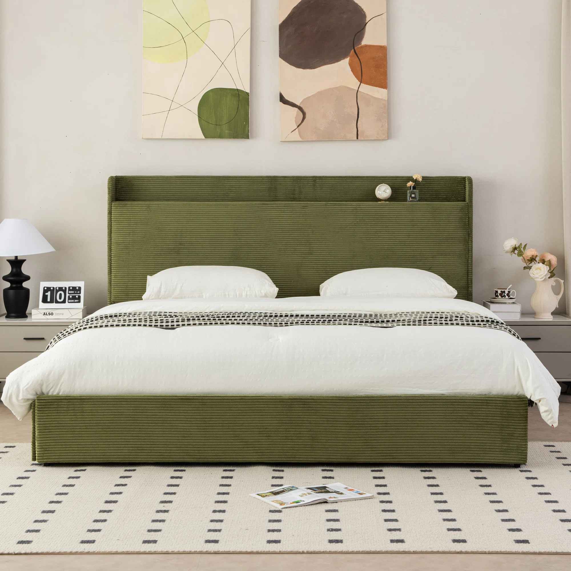 Upholstered Platform Bed with 4 Storage Drawers And Storage Headboard-King thumbnail 2