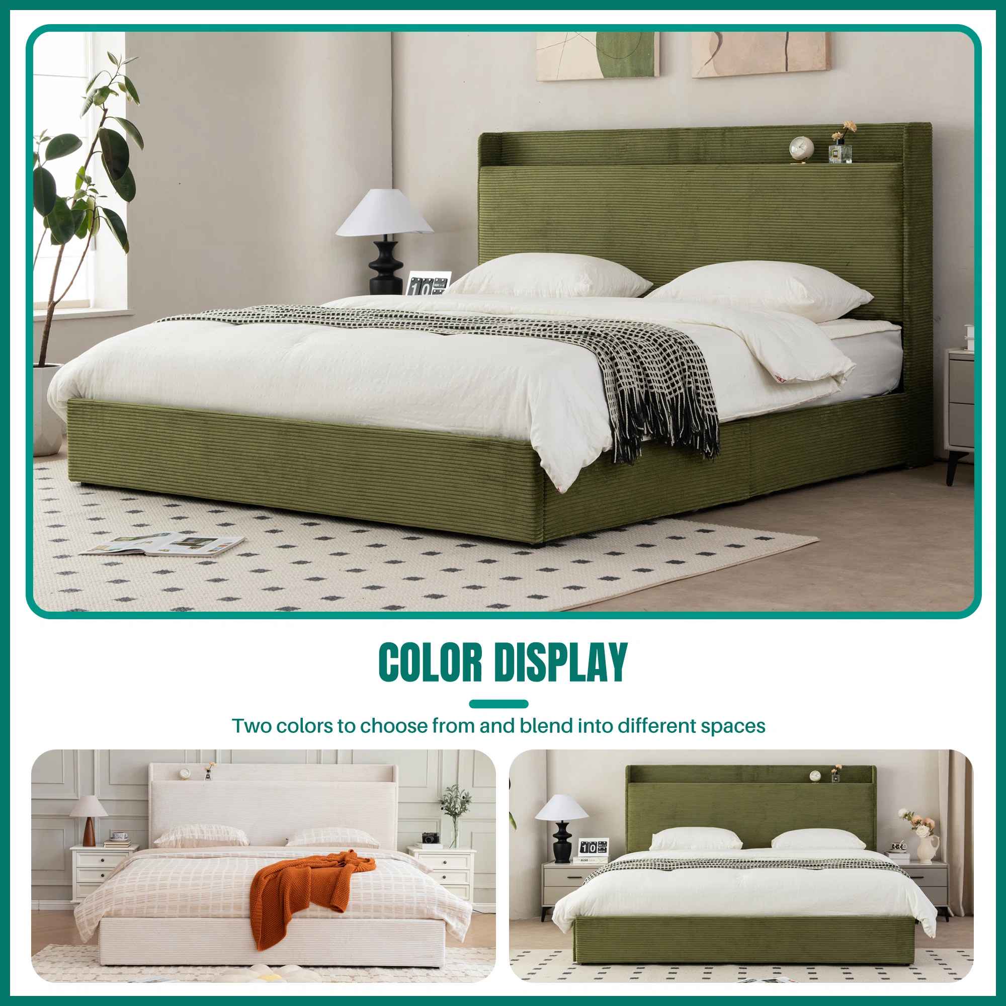 Upholstered Platform Bed with 4 Storage Drawers And Storage Headboard-King thumbnail 3