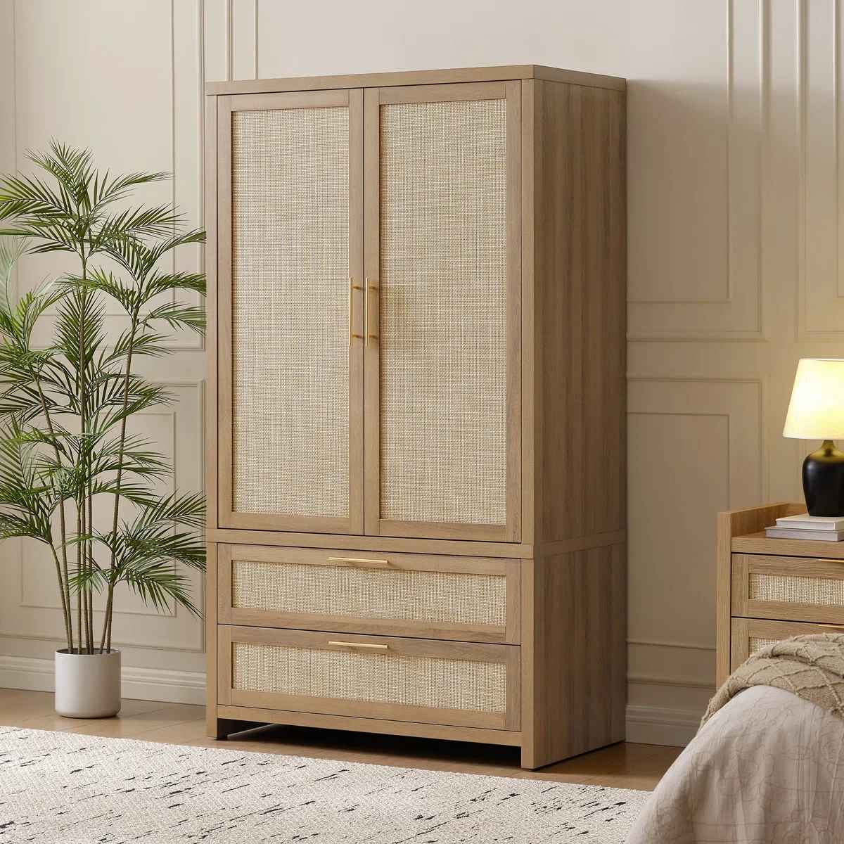 Bohemian Inspired Rattan Armoire With Adjustable Shelves thumbnail 2