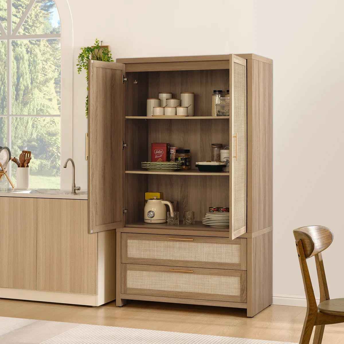 Bohemian Inspired Rattan Armoire With Adjustable Shelves thumbnail 3