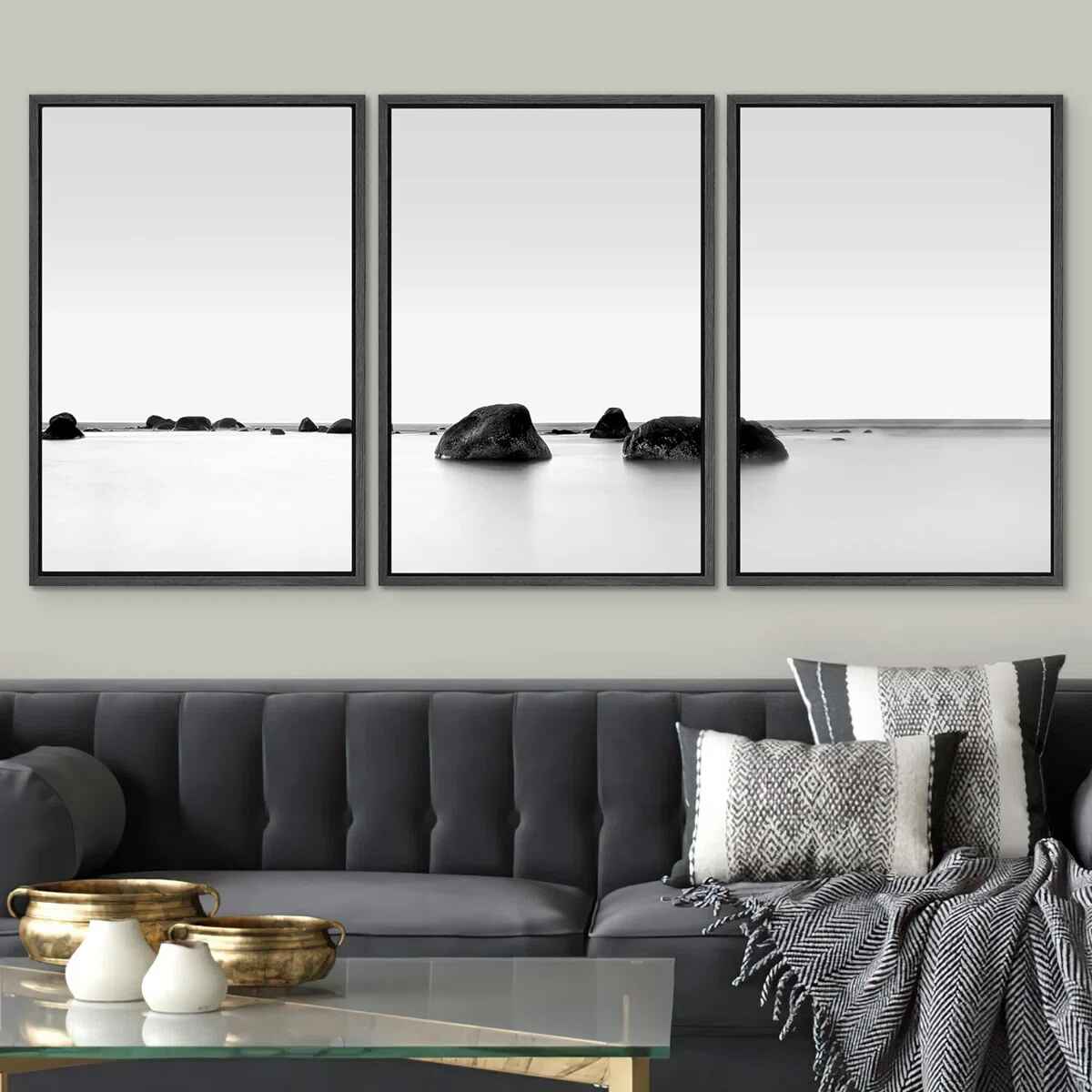 Framed Canvas Print Wall Art Set Black and White Rocky Lake Zen Seascape 1 thumbnail 2